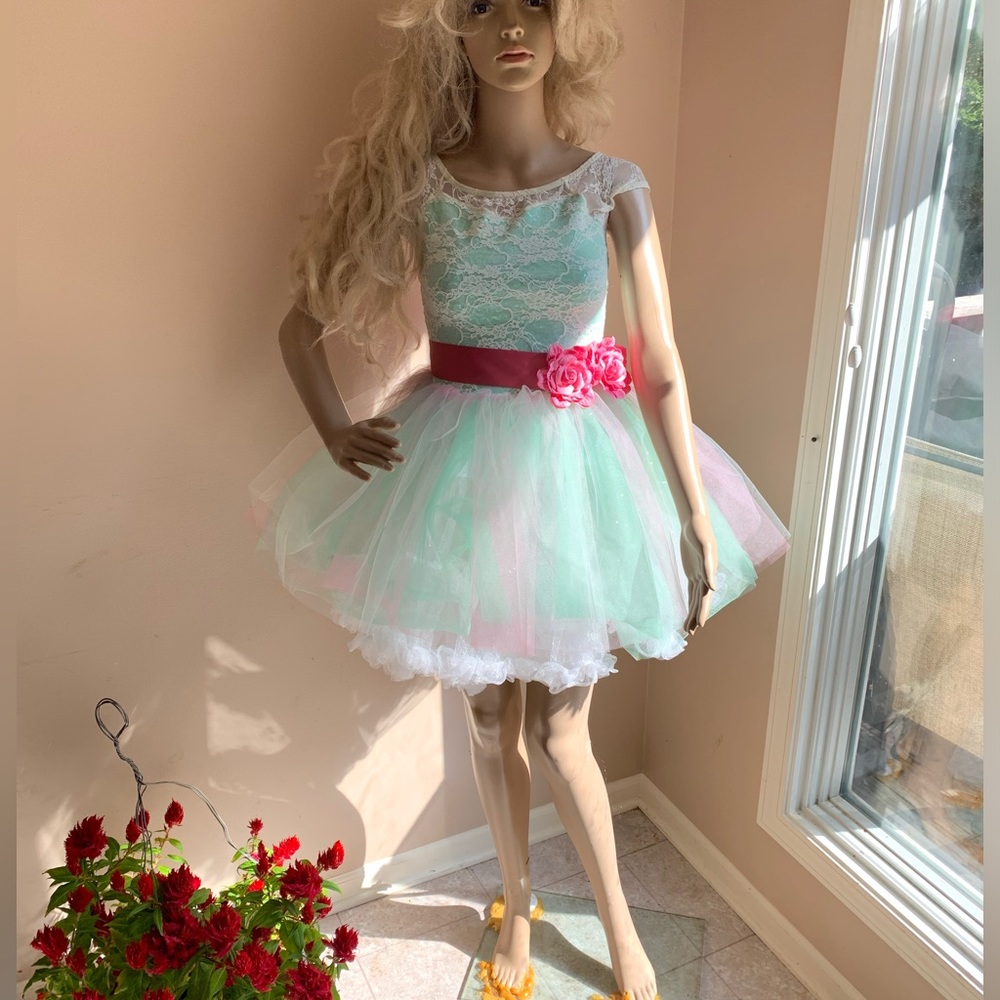 VTG 1980’s Small Mint Green Pink White Tulle Party Prom Dress